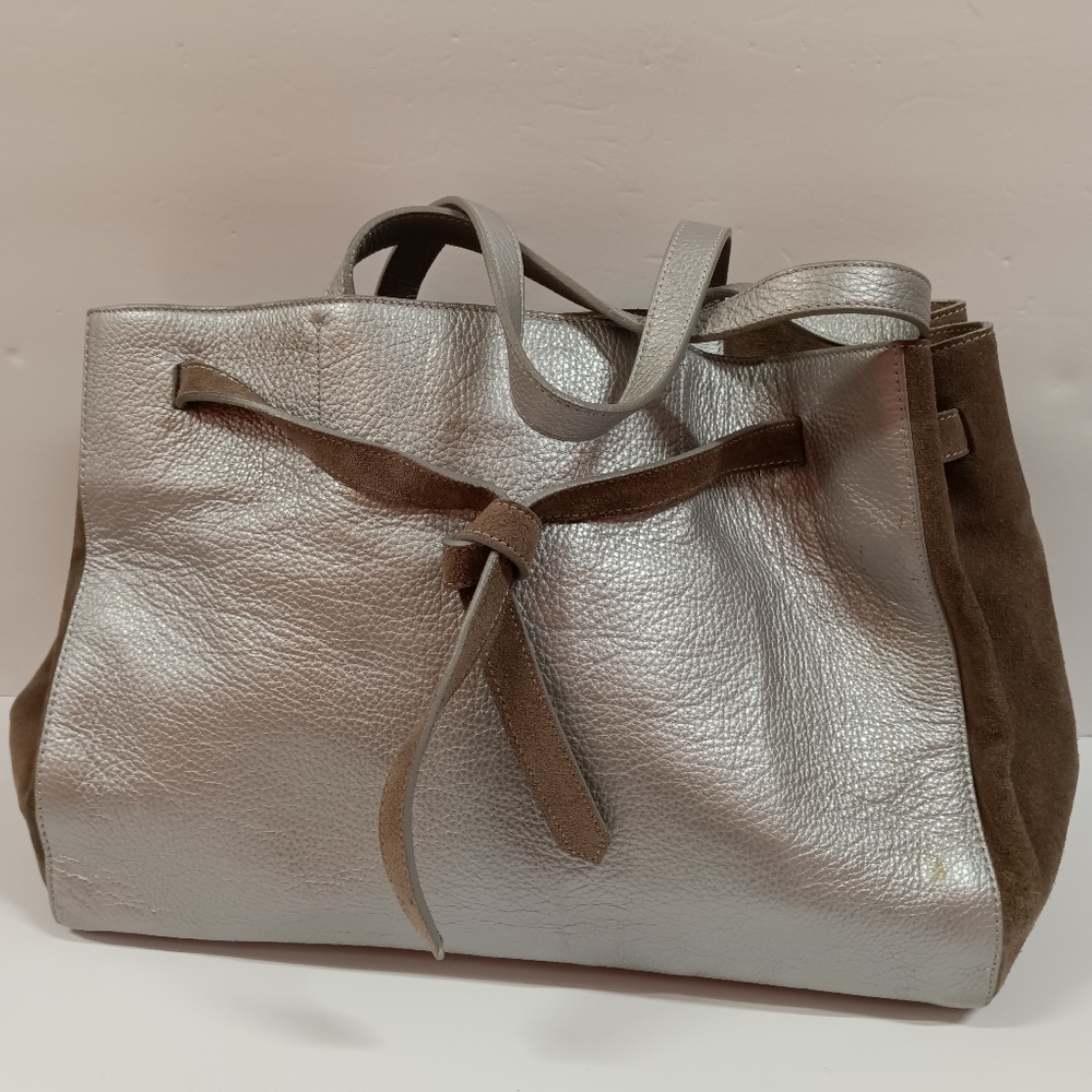 Alberta Di Canio Leather & Suede Tote Metallic Silver Tote Bag Purse - Picture 2 of 12